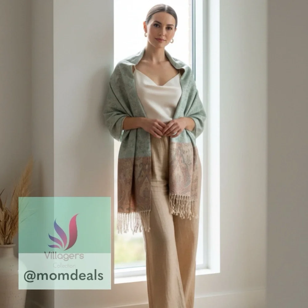 Elegant Shawl in Light Mint & Cream - Versatile Wrap, Scarf, or Veil, Soft Rayon